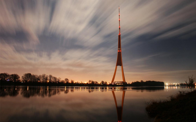 Tall tower lake night sky free wallpaper for desktop - medium preview image