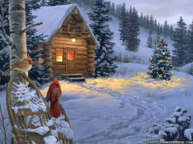 Cabin snow bird christmas forest free wallpaper for desktop - medium preview image