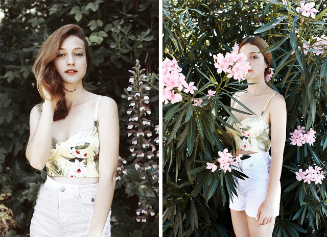 Woman standing bush pink flowers free wallpaper for desktop - medium preview image