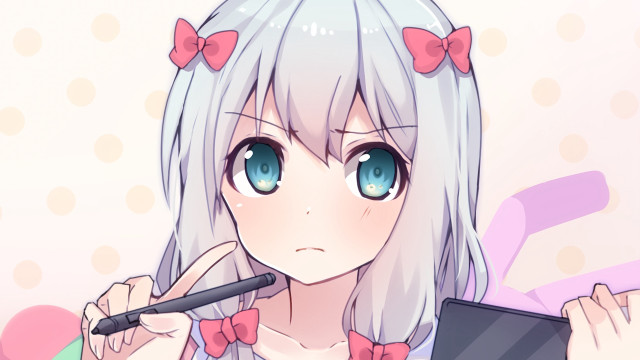 Blue eyed girl red bow free wallpaper for desktop - medium preview image