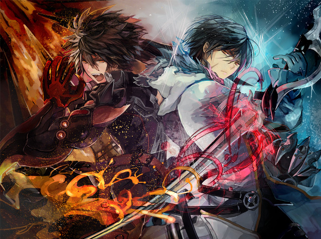Two anime characters swords fire free wallpaper for desktop - medium preview image