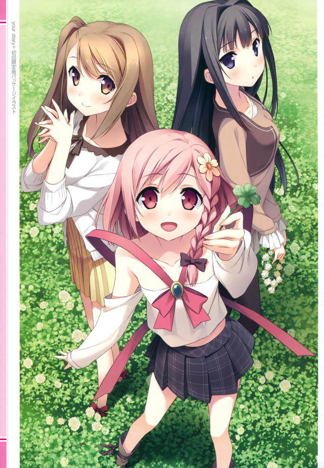 Three girls field grass flowers free wallpaper for mobile - medium preview image