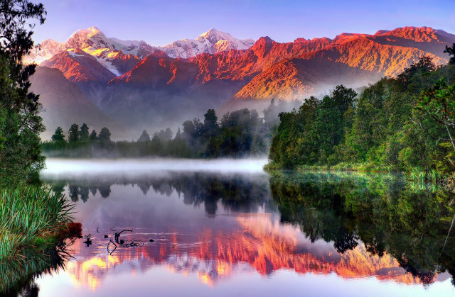 Lake mountains foggy sky birds free wallpaper for desktop - medium preview image