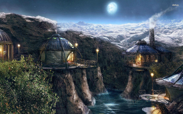 Futuristic landscape river mountain range free wallpaper for desktop - medium preview image