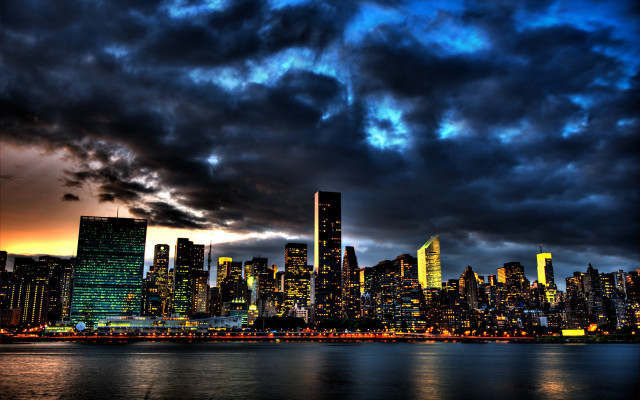 City skyline night reflection clouds free wallpaper for desktop - medium preview image