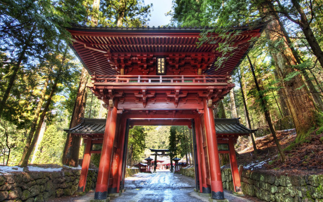 Red pagoda forest walkway benches free wallpaper for desktop - medium preview image
