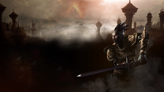 Man sword foggy castle background free wallpaper for desktop - medium preview image