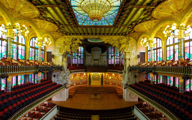 Auditorium stainedglass chandelier artnouveau cityscape free wallpaper for desktop - medium preview image