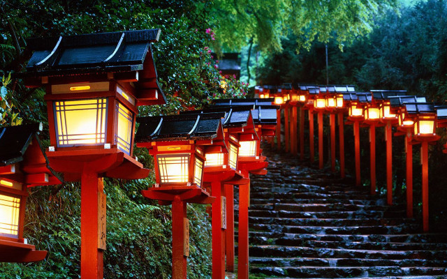 Lanterns lit path park night free wallpaper for desktop - medium preview image