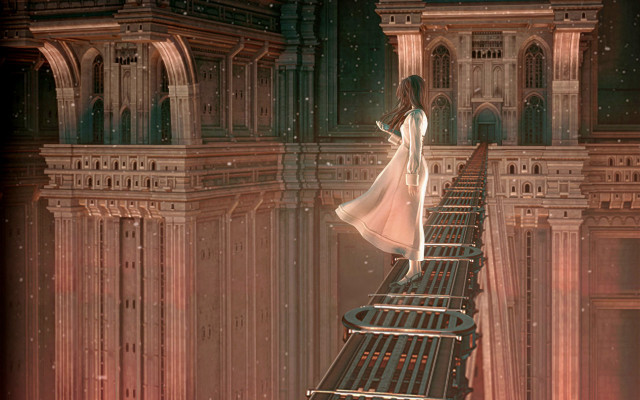 Woman white dress stairs castle free wallpaper for desktop - medium preview image