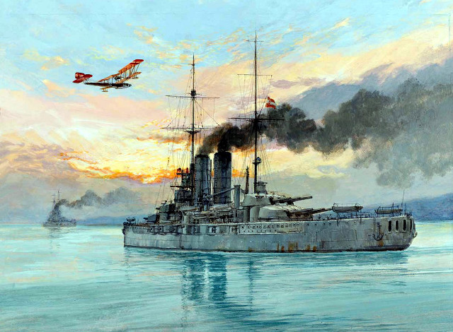 Battleship water plane flying over free wallpaper for desktop - medium preview image