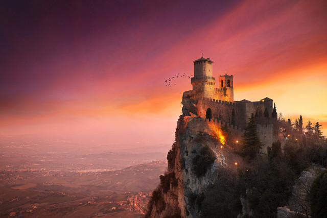 Castle cliff sunset birds flying free wallpaper for desktop - medium preview image