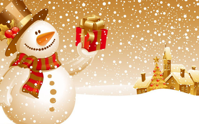 Snowman holding gift snowy village free wallpaper for desktop - medium preview image