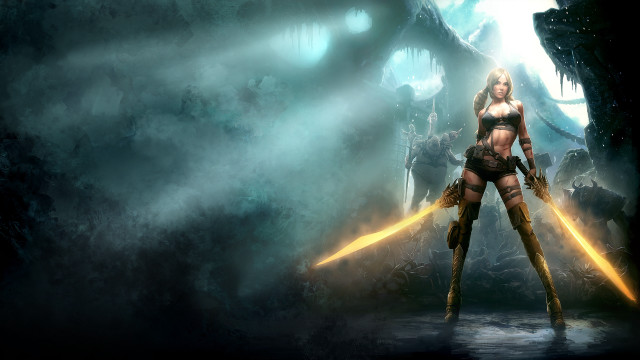 Woman bikini swords cave monster free wallpaper for desktop - medium preview image