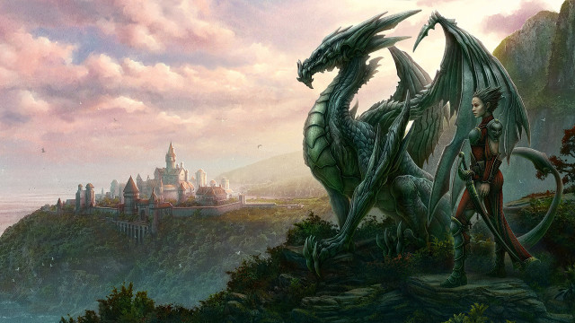Woman dragon cliff castle water free wallpaper for desktop - medium preview image