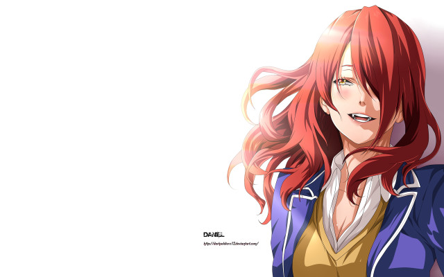 Woman red hair blue jacket free wallpaper for desktop - medium preview image