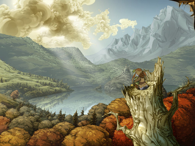 Man sitting tree stump mountains free wallpaper for desktop - medium preview image