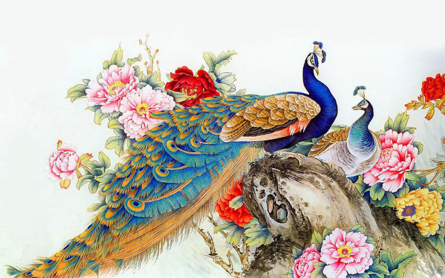 Peacocks branch flowers leaves painting free wallpaper for desktop - medium preview image