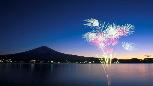 Fireworks lake mountain night blue free wallpaper for desktop - medium preview image