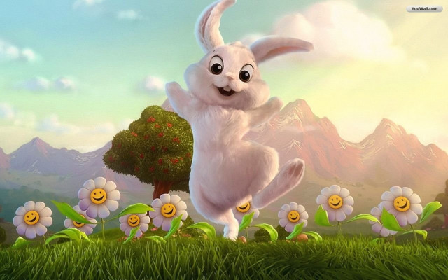 Cartoon bunny jumping field flowers free wallpaper for desktop - medium preview image