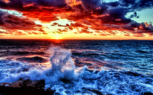 Sunset ocean wave boat clouds free wallpaper for desktop - medium preview image
