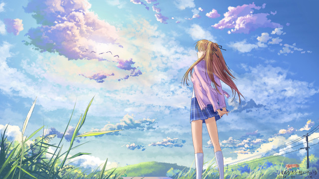 Girl standing platform sky clouds free wallpaper for desktop - medium preview image