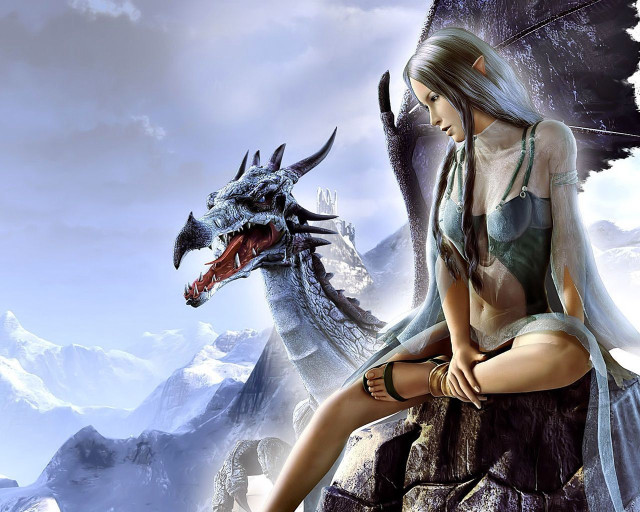 Woman dragon rock sitting long free wallpaper for desktop - medium preview image