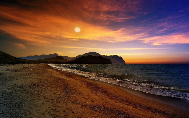 Beach sunset mountain blue sky free wallpaper for desktop - medium preview image