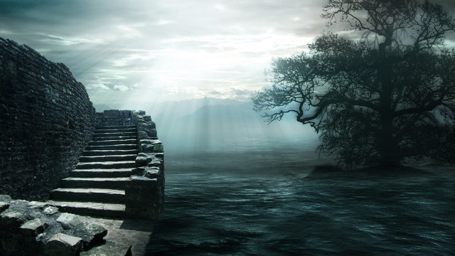 Stone wall tree stairway water free wallpaper for desktop - medium preview image