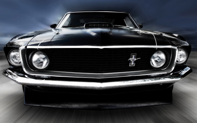 Black mustang night street headlights free wallpaper for desktop - medium preview image
