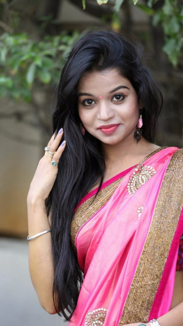 Woman pink sari tree posing free wallpaper for mobile - medium preview image