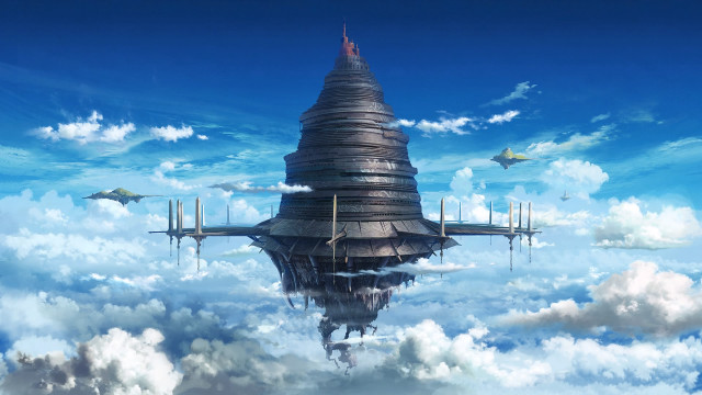 Futuristic city clouds planes blue free wallpaper for desktop - medium preview image