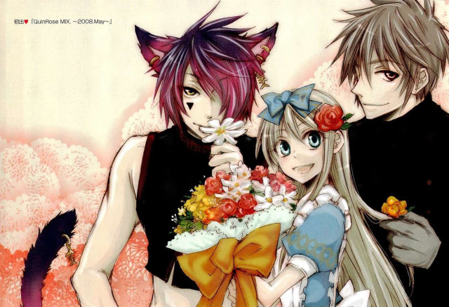 Anime characters holding flowers cat free wallpaper for desktop - medium preview image