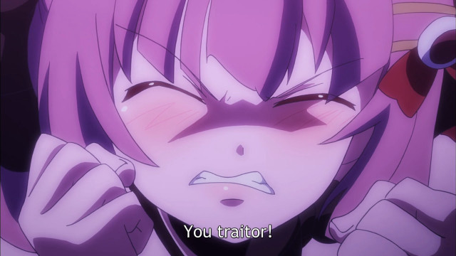 Girl purple hair frown caption free wallpaper for desktop - medium preview image