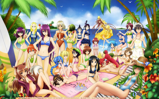 Beach girls palm trees anime free wallpaper for desktop - medium preview image