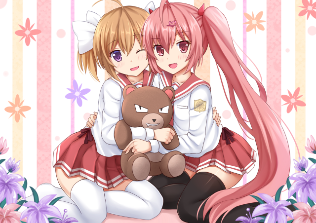 Anime girls teddy bear sitting free wallpaper for desktop - medium preview image