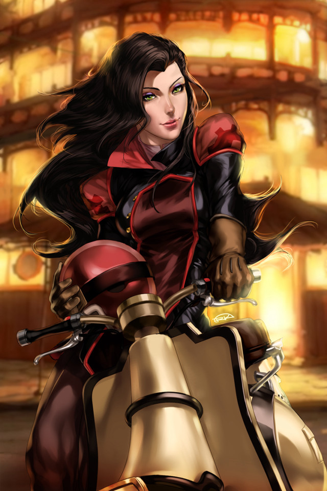 Woman red black motorcycle building free wallpaper for mobile - medium preview image