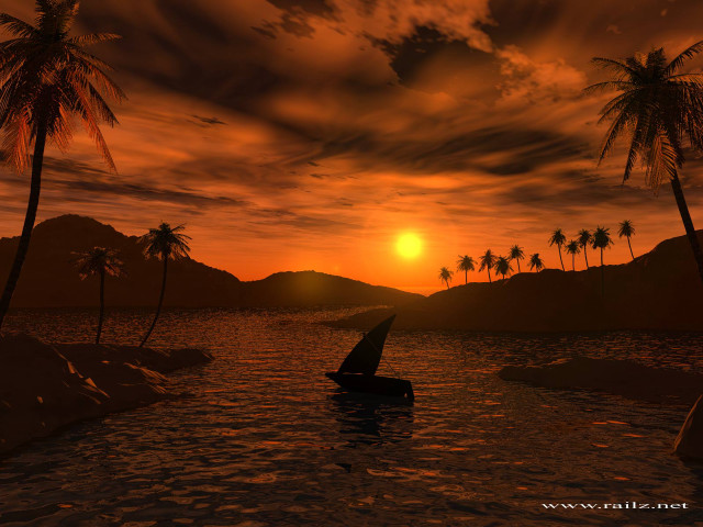 Boat lake sunset palm trees free wallpaper for desktop - medium preview image