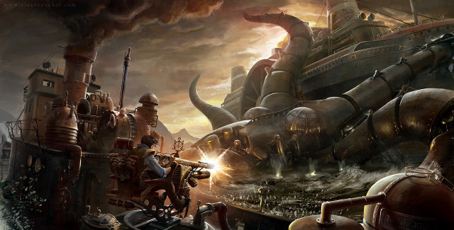 Giant octopus attack harbor steampunk free wallpaper for desktop - medium preview image