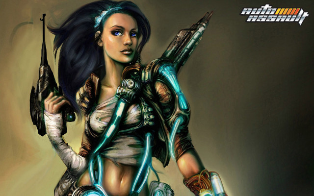 Woman gun futuristic outfit helmet free wallpaper for desktop - medium preview image