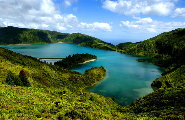 Lake surrounded lush green hills free wallpaper for desktop - medium preview image