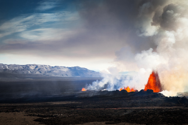 Volcano lava mountains smoke rainbow free wallpaper for desktop - medium preview image