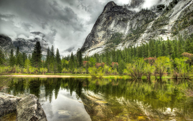 Mountain lake trees rocks cloudy free wallpaper for desktop - medium preview image