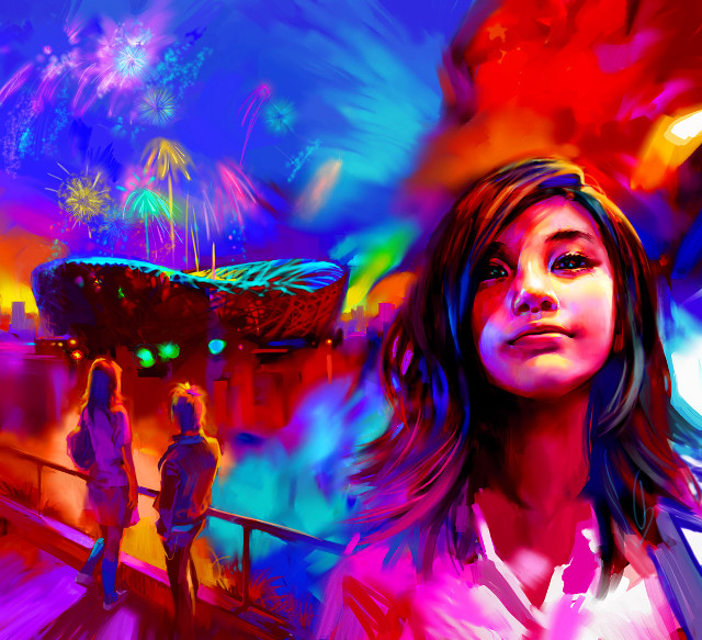Woman fireworks bridge background painting free wallpaper for tablet - medium preview image