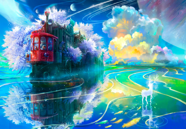 Red bus white dog blue free wallpaper for desktop - medium preview image