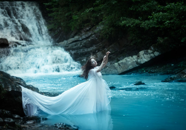 Woman white dress river waterfall #2 free wallpaper for desktop - medium preview image