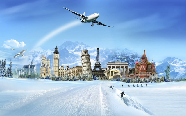 Plane snowy landscape city skiing free wallpaper for desktop - medium preview image