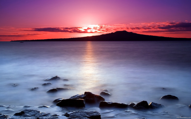 Sunset water rocks mountain orange free wallpaper for desktop - medium preview image
