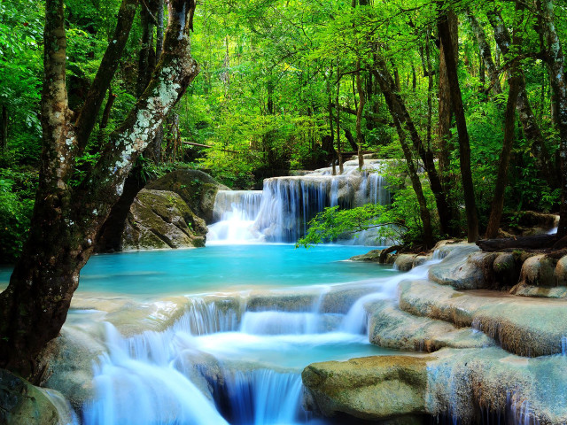 Waterfall forest blue water green free wallpaper for desktop - medium preview image