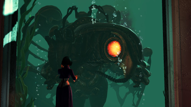 Woman giant fish room window free wallpaper for desktop - medium preview image